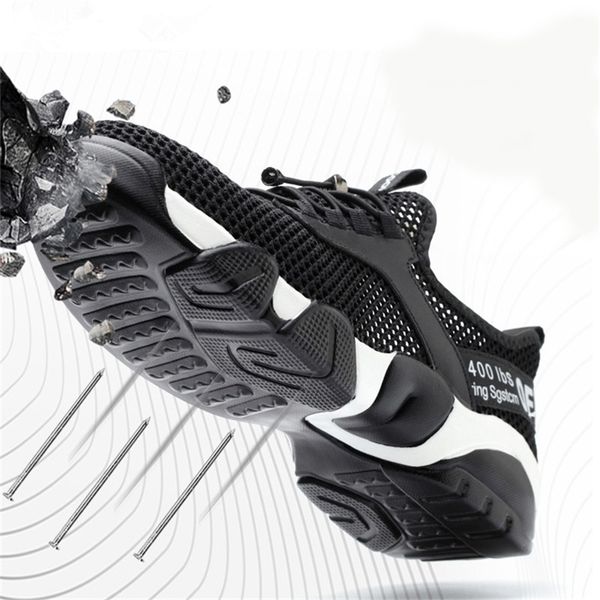 

summer men safety work shoes men's mesh breathable lightweight casual steel toe sneaker prevent piercing protective boots y200915, Black;brown