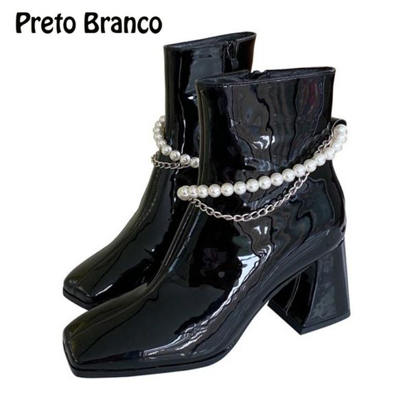 

boots preto branco 2021 winter thick heel patent leather women's pearl chain high -b3-1, Black