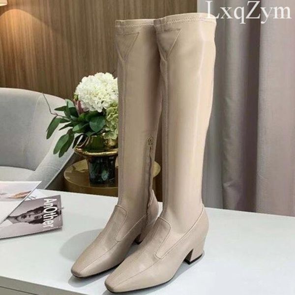 

boots classic italian luxury real cow skin leather women fashion long botas square head zip simple elegant booties1, Black