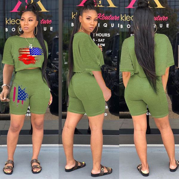 

2021 summer womens printed tracksuit short sleeve tees + shorts two-piece clothes suit casual sportwear outfit with pocket l-3xl h2102, White