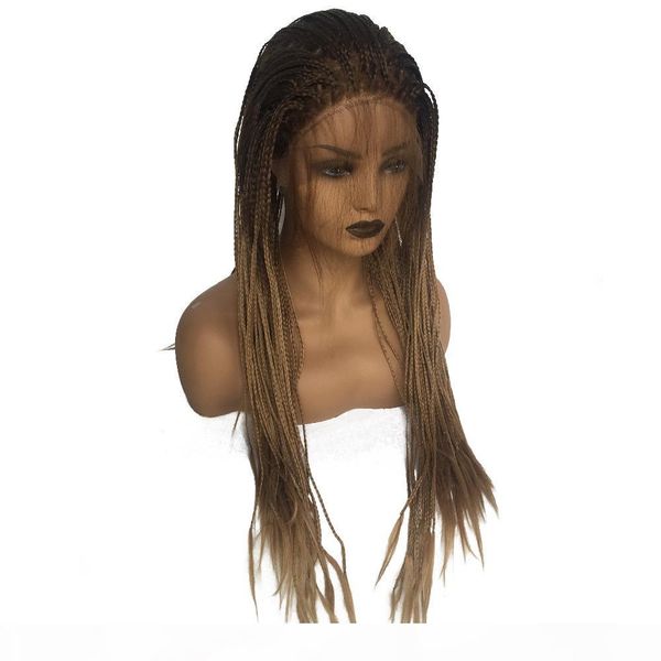

fashion ombre light brown micro braided wigs with baby hair long braids wigs glueless synthetic lace front wig for women heat resistant, Black