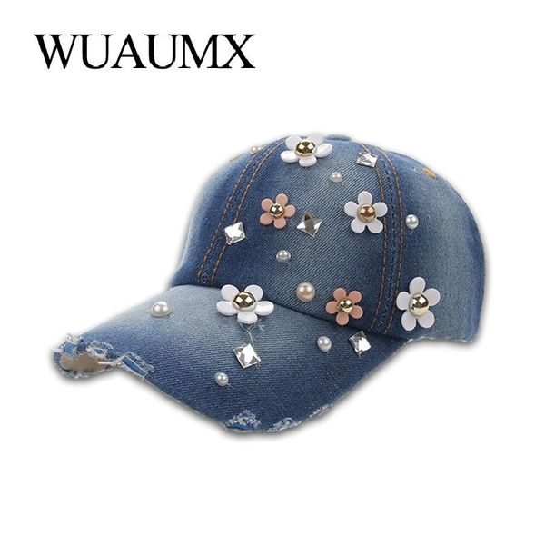 

wuaumx rhinestones women's baseball caps handmade floral hat for girls crystal cap curved peak visor hip hop snapback cap female y20071, Blue;gray