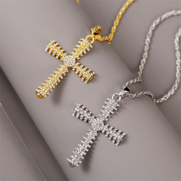 

men women cross pendant necklace fully rhinestone design necklace bling iced out cuba chain hip hop jewelry gift kimter-c310fz