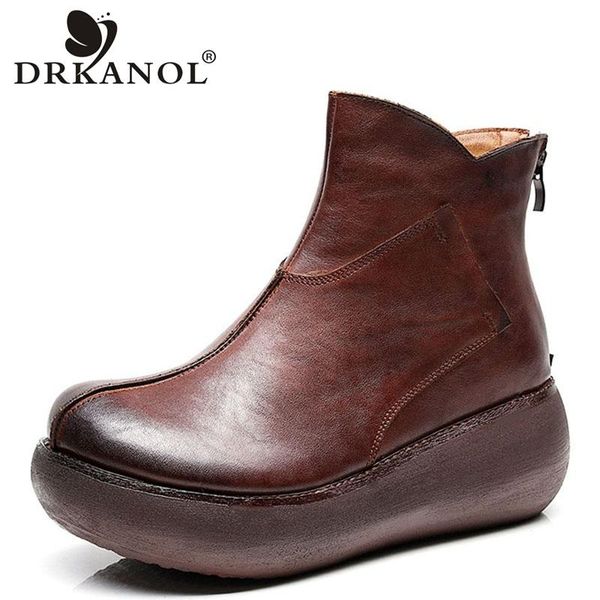 

drkanol retro style winter women platform ankle boots quality genuine leather zipper wedge snow boots women high heel warm shoes, Black