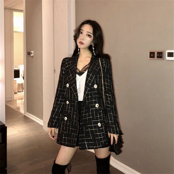 

2021 vintage plaid tweed jacket women new spring streetwear double breasted notched pocket jackets long sleeve wool outerwear casaco t4ne, Black;brown