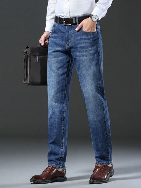 

men bleach wash cat whisker straight leg jeans without belt m2w3#, Blue