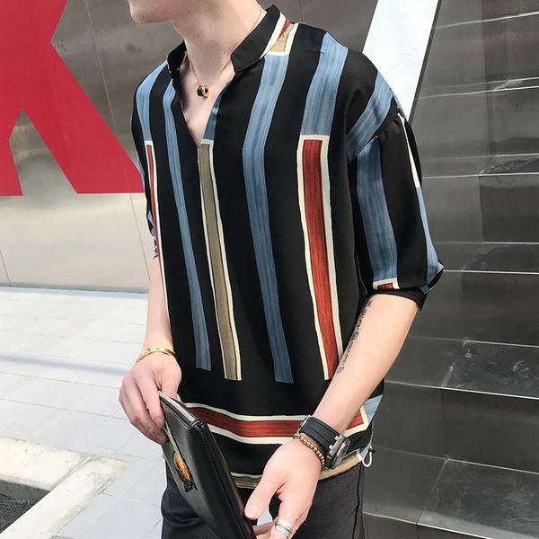 

brand streetwear fashion shirt men striped print shirt male short sleeve casual printing camisetas hombre hawaiian, White;black