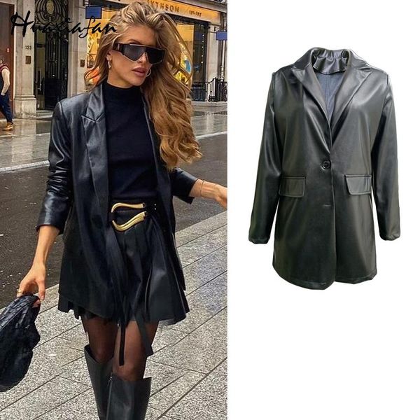 

women's fur & faux huaxiafan elegant black leather jacket single breasted lapel pocket long sleeve high street fashion winter coat top