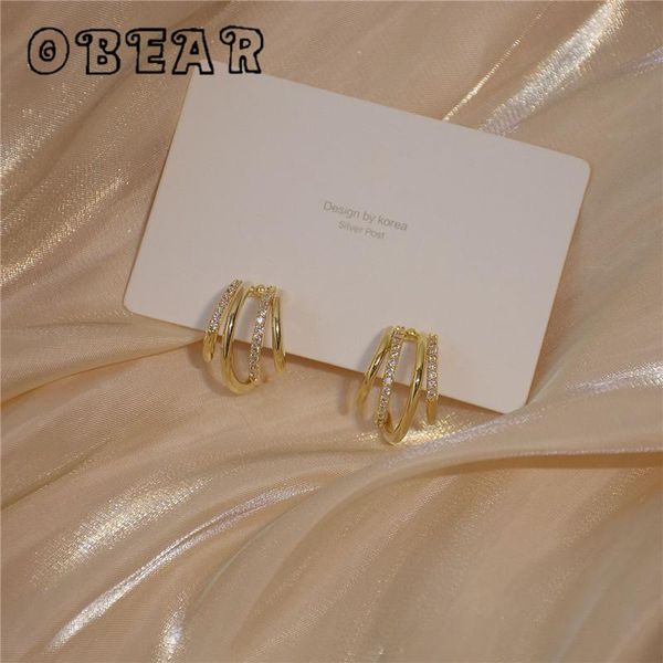 

stud obear 14k real gold korean version simple multi-layer geometric circle inlaid zircon earrings women elegant delicate jewelry, Golden;silver