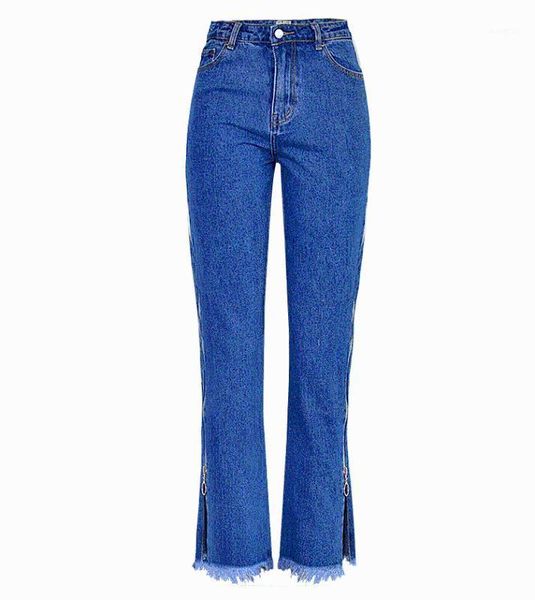 

personality side split zipper jeans woman high waist boyfriend jeans for women baggy bootcut teen girls long denim pants1, Blue