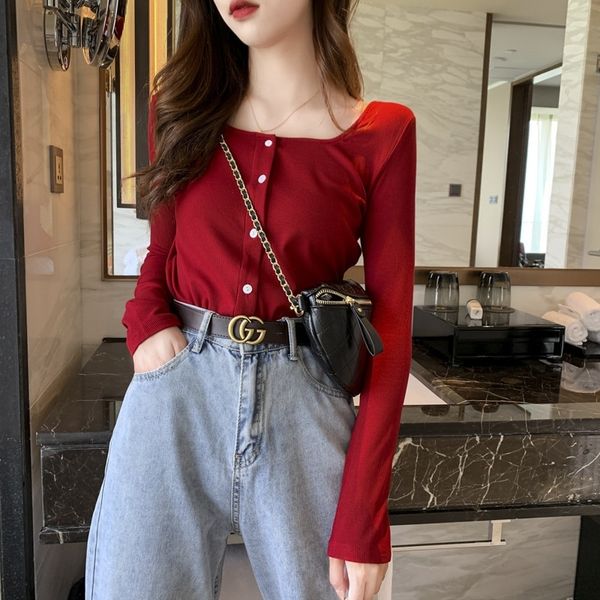 

2020 early spring and autumn new long sleeve bottoming shirt for women's wear with slim square collar and high waist tight coat t-shirt, White