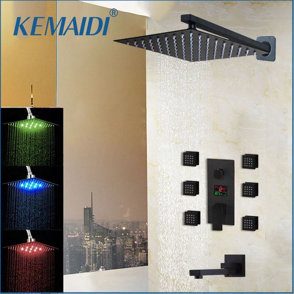 KEMAIDI 3-Wege-Digitalanzeigemischer Schwarz Wandmontierter quadratischer Messing-Wasserfall-LED-Duschset Badezimmerdusche mit Griff LJ201211