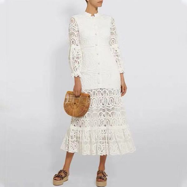 

2020 autumn new solid color waist tight explicit elegant stand-up collar puff sleeve cut-out ruffled swing dress female tide, White;black