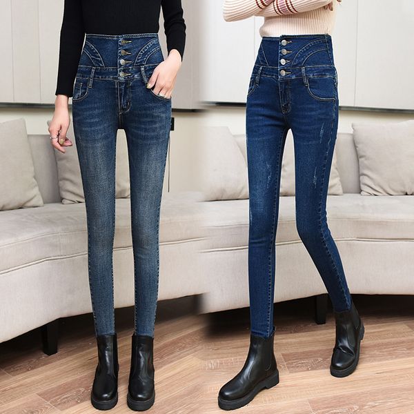 

women's waisted jeans fall 2019 new multi breasted elastic slim high tucked leggings, Blue
