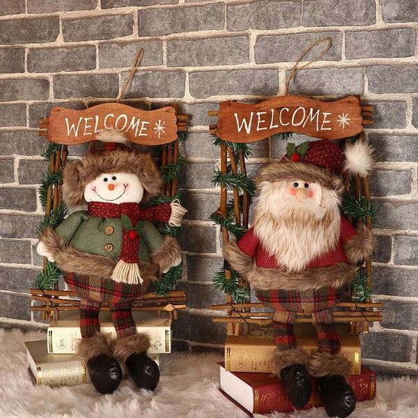 

christmas decorations wooden rectangle wreath garland with santa claus/snowman doll welcome sign holiday hanging pendant for door wall1