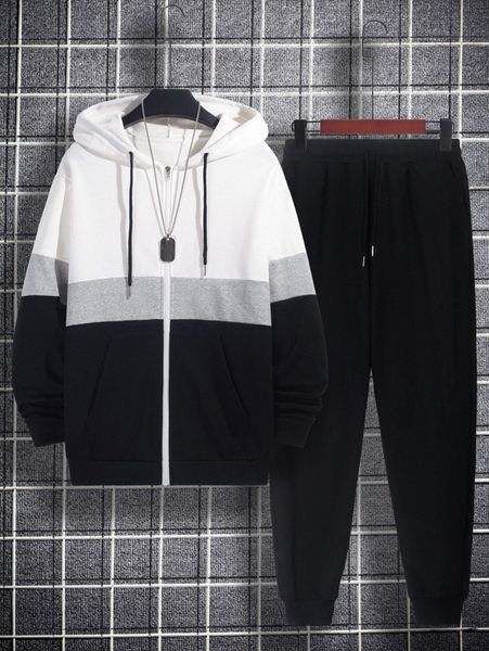

men colorblock zip up drawstring hoodie with sweatpants m1g9#, Gray