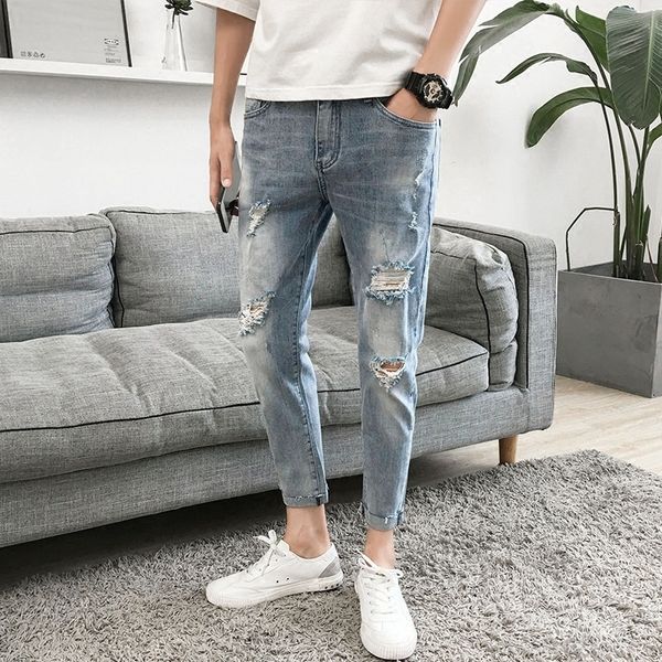

i9scj jiufen men's tattered jeans pants fit small beggar versatile new ankle-length pants jeansjeans and trendy washed jeanskorean feet, Blue
