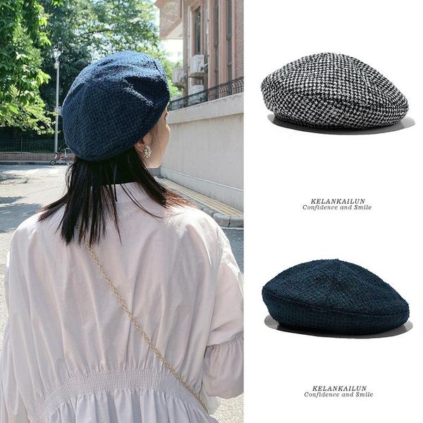 

women black beret houndstooth cap summer style vintage artist hat plaid cotton beret hat painter cap gorras, Blue;gray