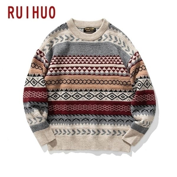 

ruihuo autumn winter knitted striped vintage sweater men clothes pullover men sweater casual men's sweater knit -2xl 201201, White;black