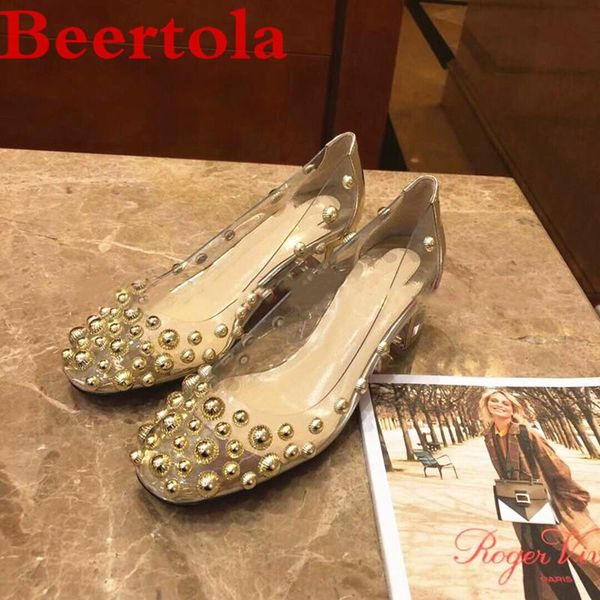 

dress shoes pvc women's pumps with rivets square toe transparent heels runway high female gold silver slip on autumn ladies, Black