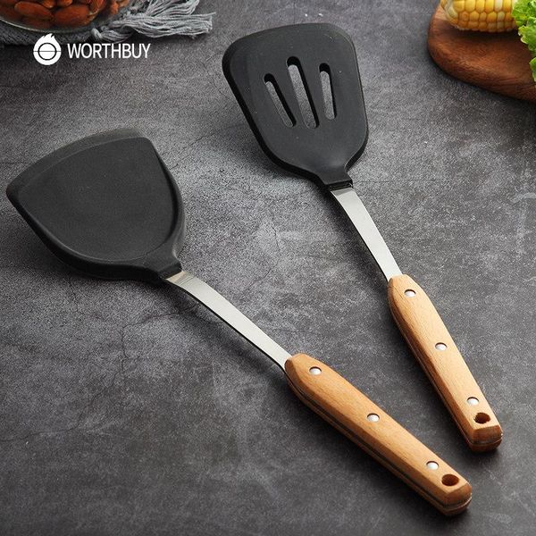 

worthbuy антипригарной посуда силиконовая лопаточка приготовление киен non скольжение деревянной ручки для кухонного turner с кухней qyllry