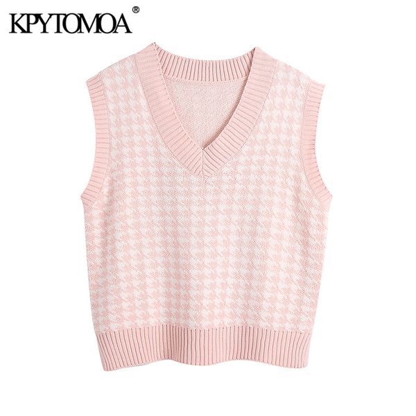 

kpytomoa women fashion oversized houndstooth knitted vest sweaters vintagesleeveless side vents female waistcoat chic 201030, White