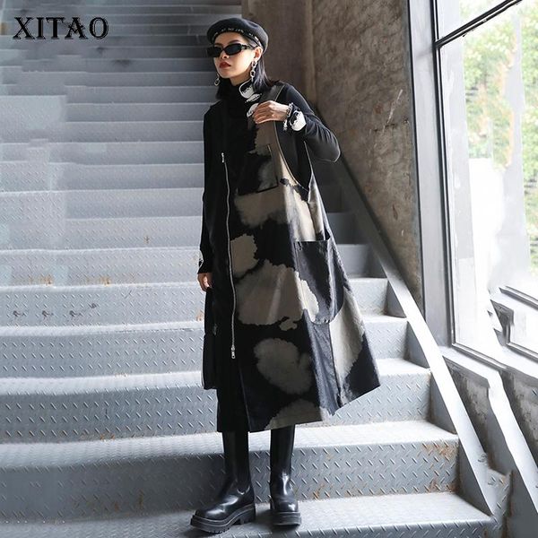 

xitao print sleeveless dress women loose fashion simple personality streetwear 2020 new autumn plus size dress goddess zp3510, Black;gray