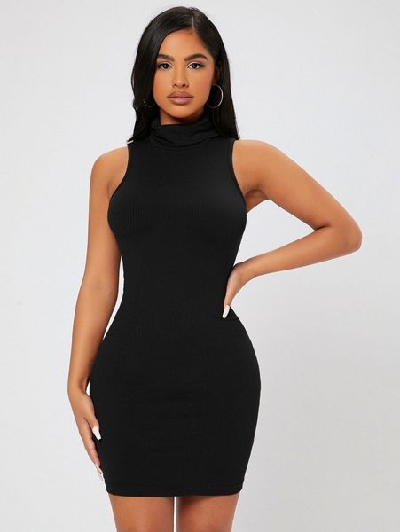 

petite turtleneck sleeveless bodycon dress e0em#, Black;gray