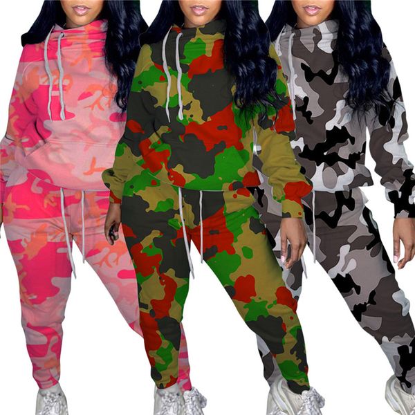 

fashion camouflage women tracksuits casual long sleeve drawstring hooded loose sweatshirt two piece set women designers clothes, Gray