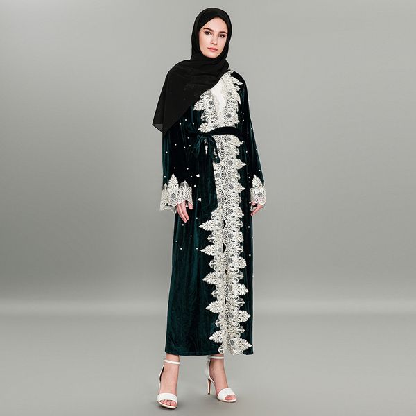 

elegant lace beading muslim abaya women velvet kimono long robe jubah caftan dubai islamic clothing splice turkish hijab dress, Black;gray