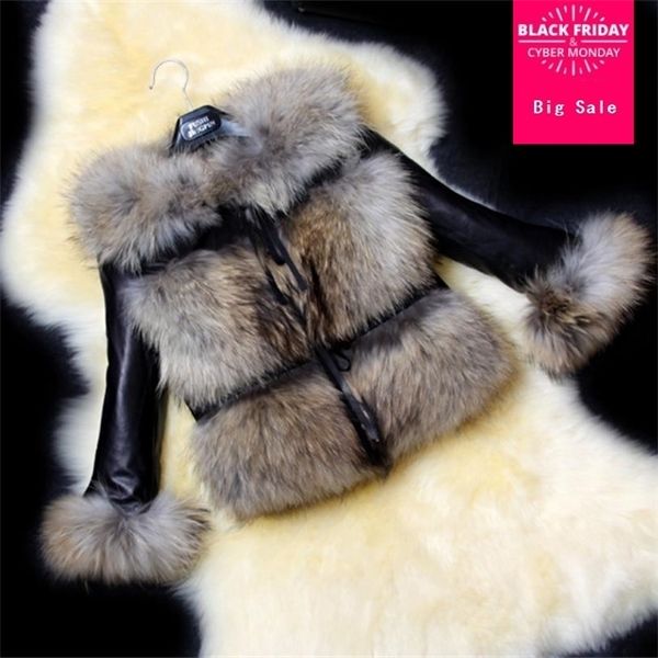 

autumn winter fashion new womens coats faux fur stitching pu jacket outwear female warm leather parka overcoat l1168 dhlx1016, Black;brown