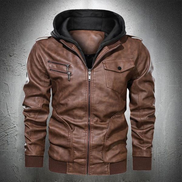 

winter jacket men leather jacket motorcycle coat vintage pu leather bomber detachable hood fashion coat europe size 2021, Black