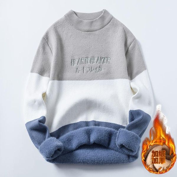 

men clothing fleece sweater men's casual all-in-one fleece winter warm knit sweater color matching round neck1, White;black