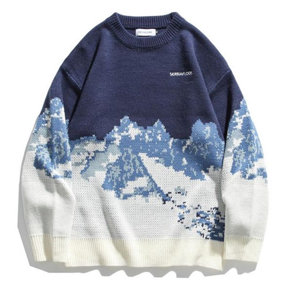 

snow mountain knitted jumper sweaters streetwear mens hip hop harajuku pullover knitwear fashion knit outwear male, White;black