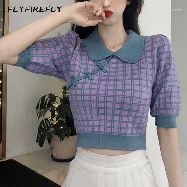 

summer sweater women knitted short sweater elegant plaid pullover vintage purple crop sweaters korean style women 2020 new1, White;black