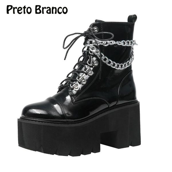 

boots preto branco winter women's thick round head patent leather chain lace up wedge high heel -96-1, Black