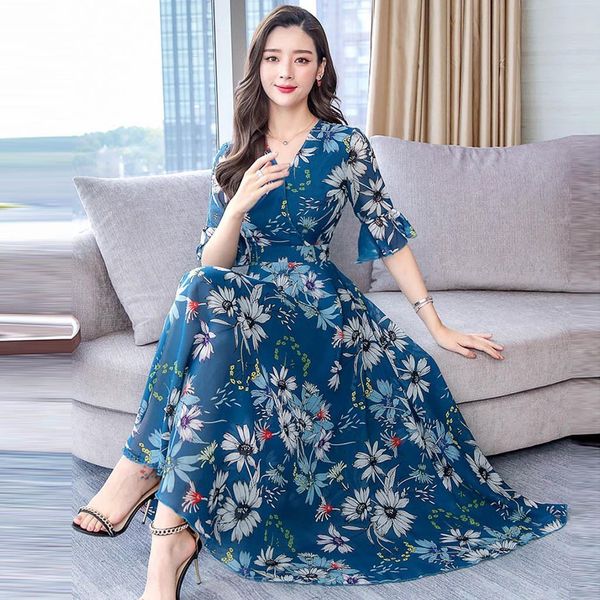 

vintage floral women long dress summer a-line split lantern half sleeve spring elegant retro maxi boho dress women vestidos#j30, Black;gray