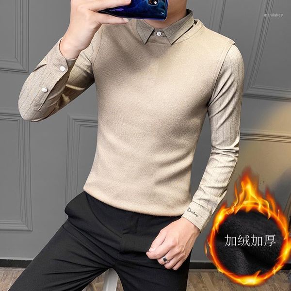 

men's fake two-piece sweater korean version of the trend of long-sleeved plus velvet thickening slim autumn and winter sweater1, White;black