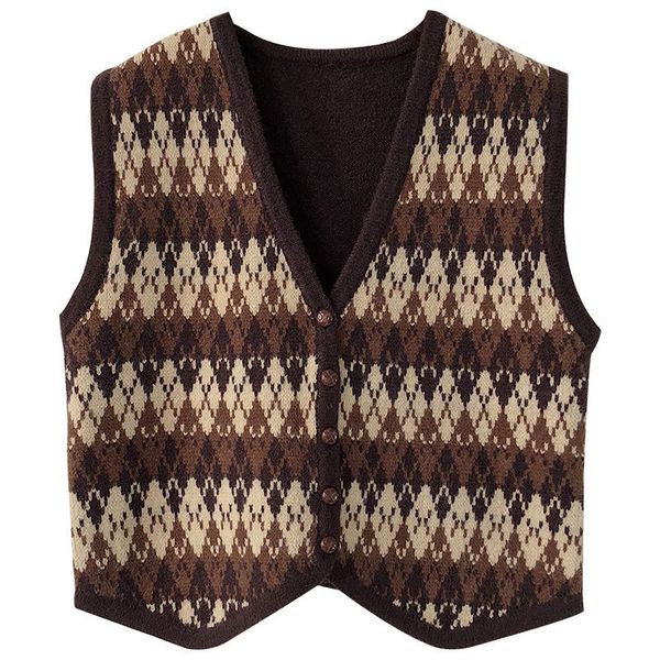

2021 new retro-autumn chess western style sleeveless shirt with low-cut v waistcoat cardigan female chalets paramujer 75ta, Black;white
