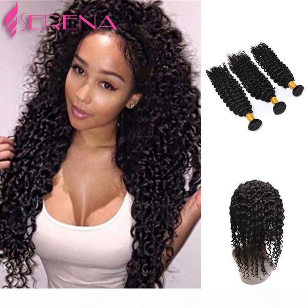 

brazilian deep wave 22.5x4x2'' 360 lace frontal closure with bundles pre plucked 4x4'' silk lace band frontal with h, Black;brown