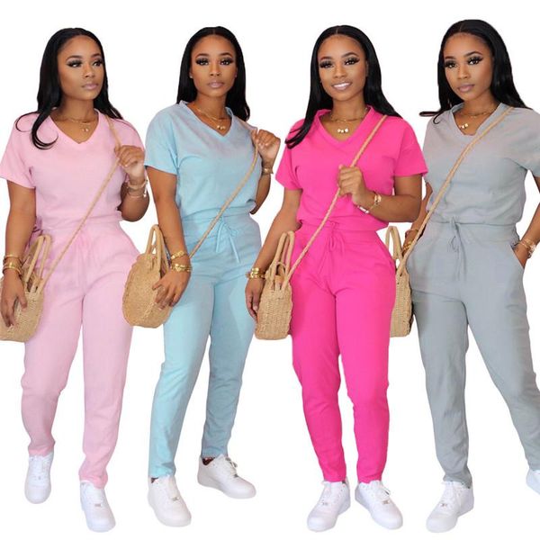 

женщины solid color v-образным вырезом узелок с коротким рукавом 2 piece set удобные повседневные женские костюмы спортивная наборы оптовая, Gray