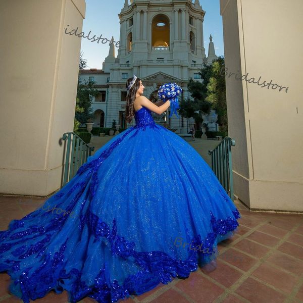 2021 Prinzessin Königsblau Quinceanera Kleider Luxus glänzendes Ballkleid Pailletten Spitze Maskerade formelles Abschlussballkleid Vintage Puffy Sweet 16 Kleid