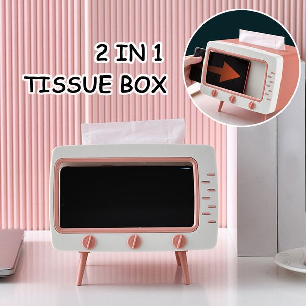 

cute mini tv shape tissue holder creative office desk paper storage box with phone stand #lr3