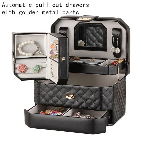 

portable jewelry box girls jewellery velvet organizer 3 layers mirrored holder pu leather earrings case with travel case rowling, Pink;blue
