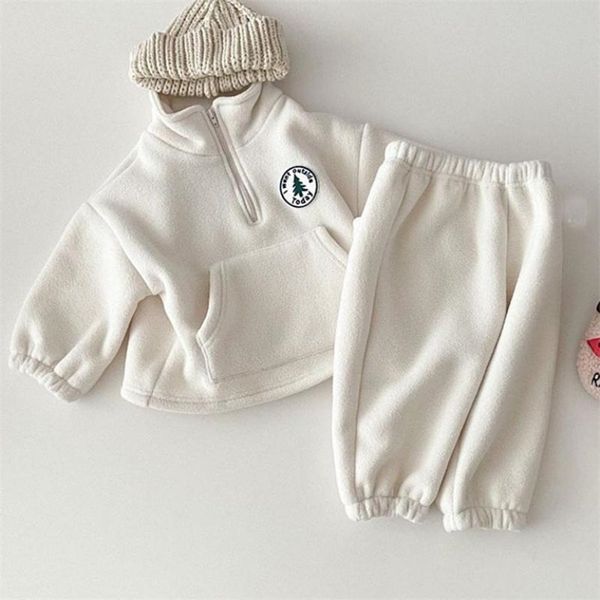 

baby boys clothing sets children thicken sweatshirt kids clothes girls solid cotton long sleeve pullover + pant suits 2pcs 220212, White