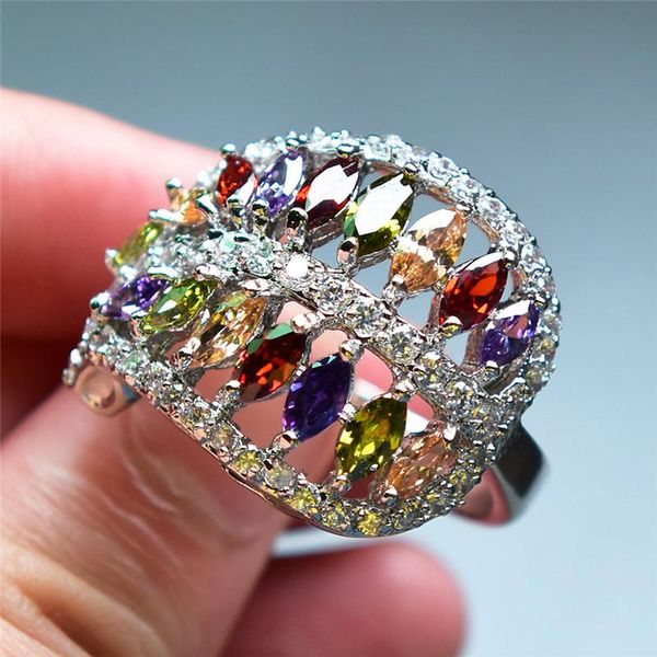 

2020 new arrival mystery rainbow ring female big cz stone ring fashion silver color wedding engagement rings for women, Golden;silver
