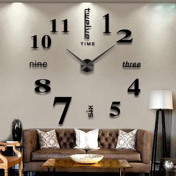 

large wall clock black / silver fashion watches 3d real big mirror clock rushed mirror wall sticker diy living room decor1