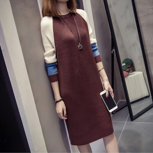 

long sleeve women's early autumn 2019 new korean style versatile loose large medium dress dress length knitted bottoming shirt erzjn, Black;gray