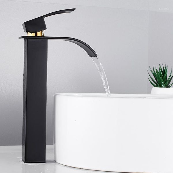 

black bathroom basin faucets single handle waterfall basin sink faucet cold mixer tap single hole wide spout vessel sink tap1