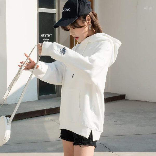 

autumn korean large hoodie loose embroidery white sweater women's 2020 casual, Black
